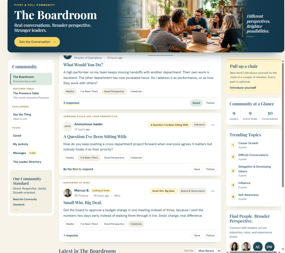Actual Boardroom community preview showing sample leadership discussions, reactions, and peer conversations