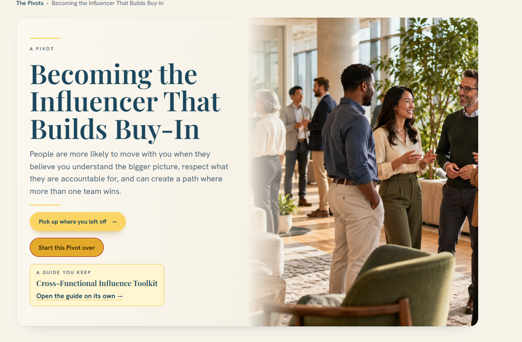 Actual opening screen: Becoming the Influencer That Builds Buy-In