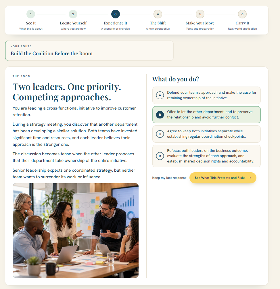 Buy-In Pivot example: two leaders navigating competing approaches to a shared priority